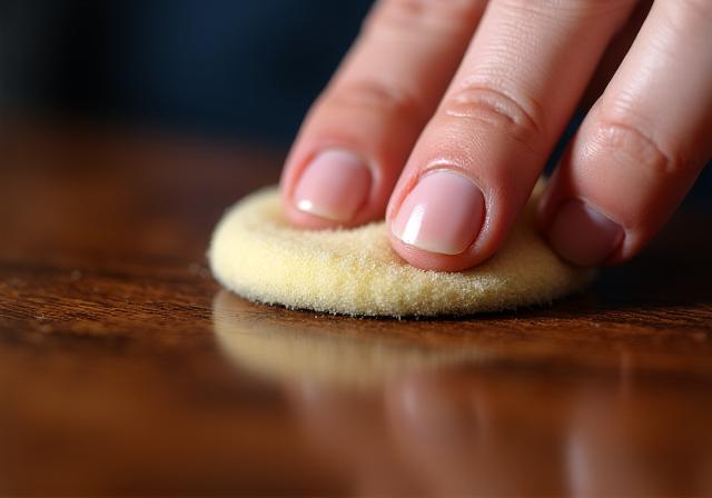 Dettaglio della stesura della gommalacca a tampone su legno di noce