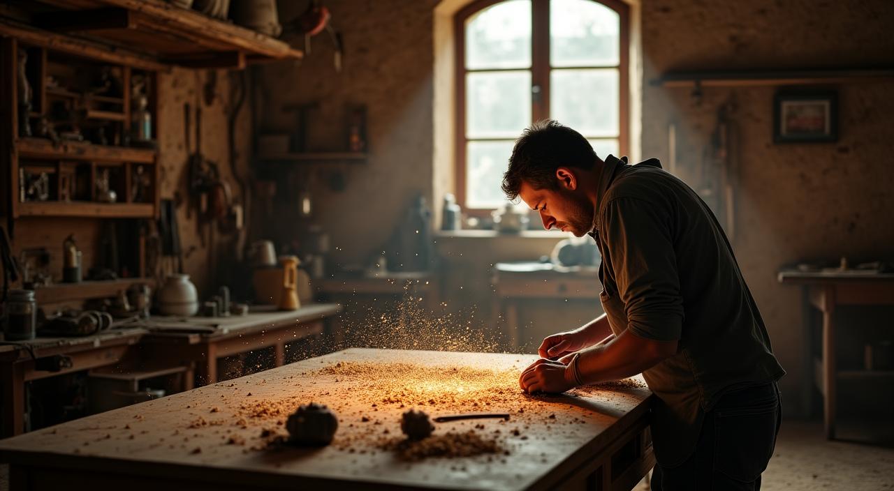 Artigiano al lavoro su un mobile antico in un laboratorio romano